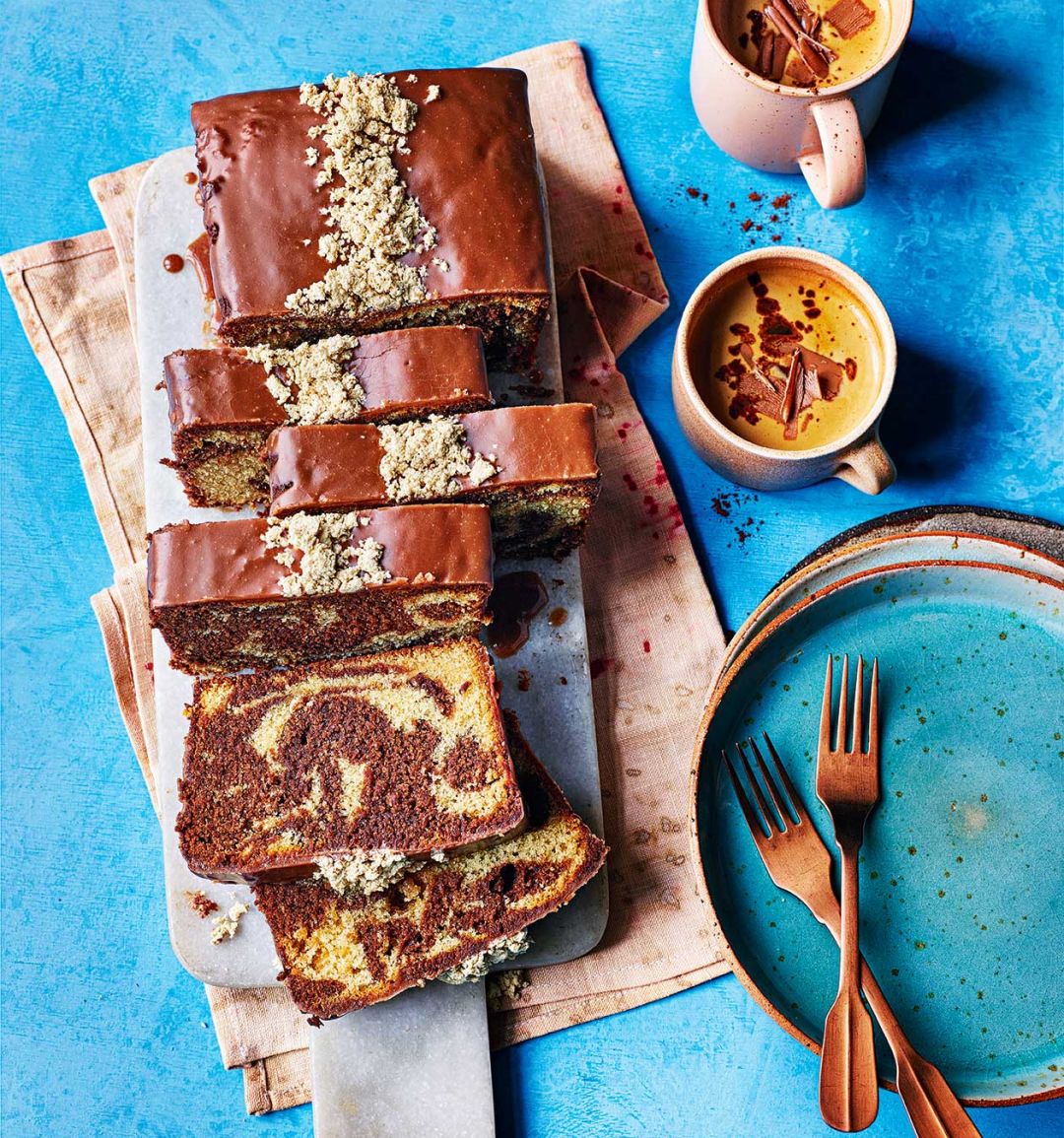 Milk chocolate, tahini and halva loaf cake 