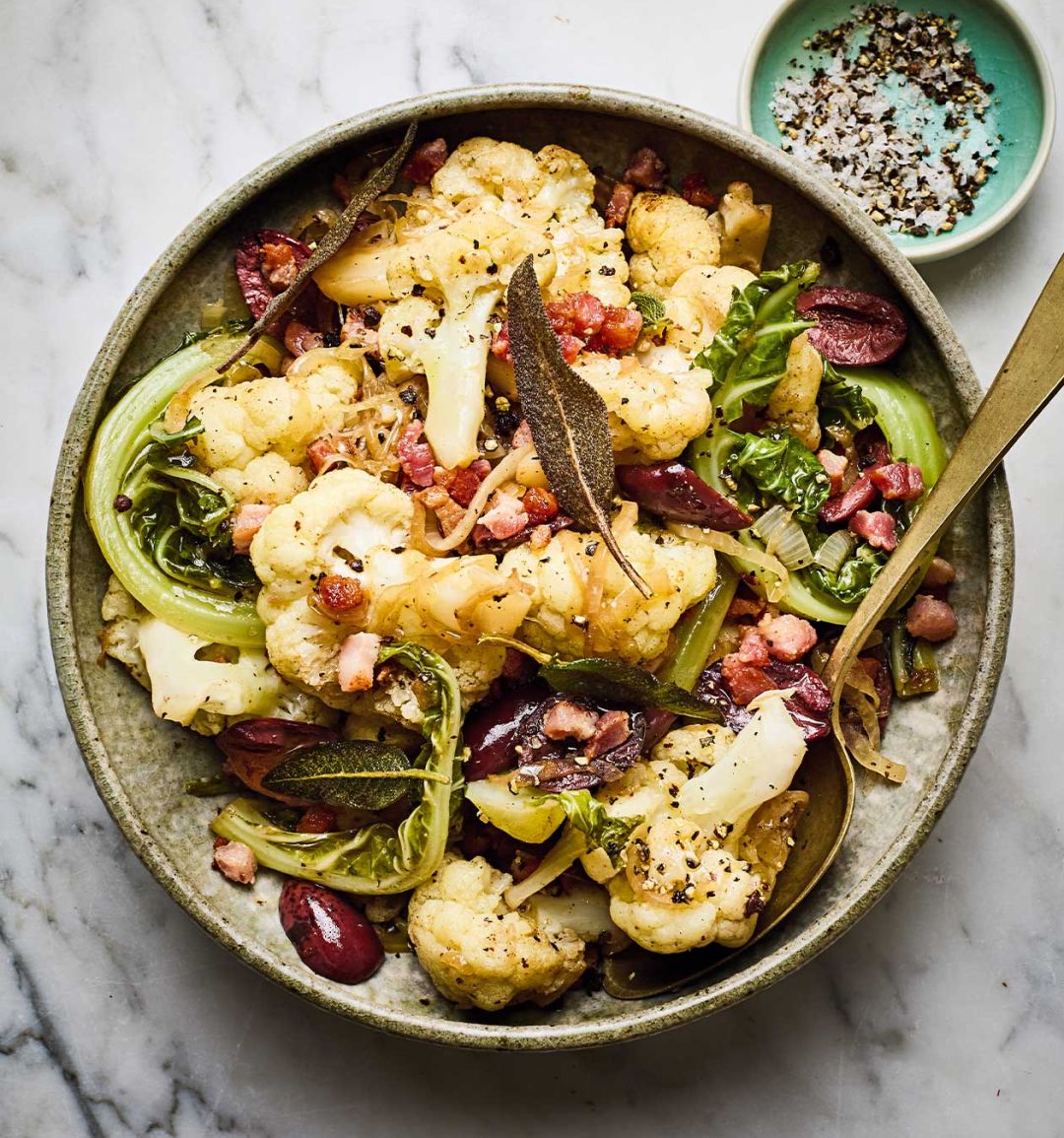Cauliflower with pancetta and black olives