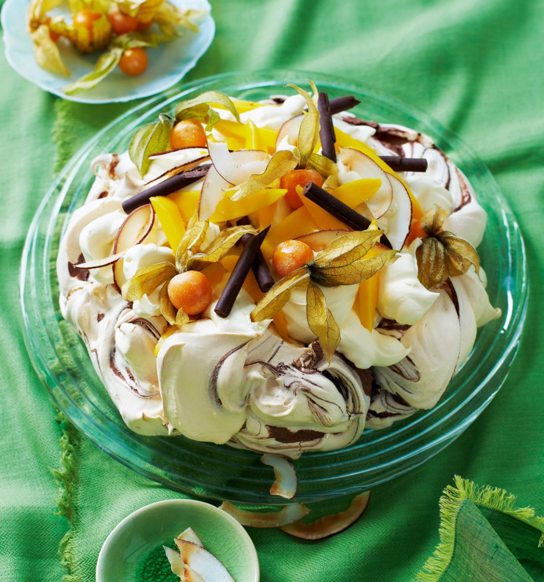 Chocolate swirl pavlova with mango and physalis