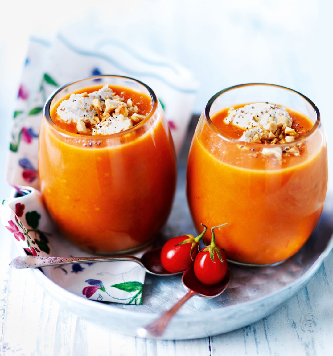 Tomato soup with whipped dukkah goats’ cheese