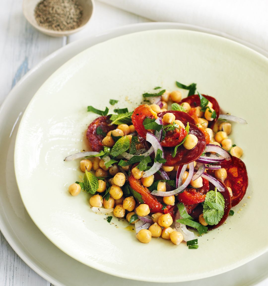 Warm chorizo and chickpea salad