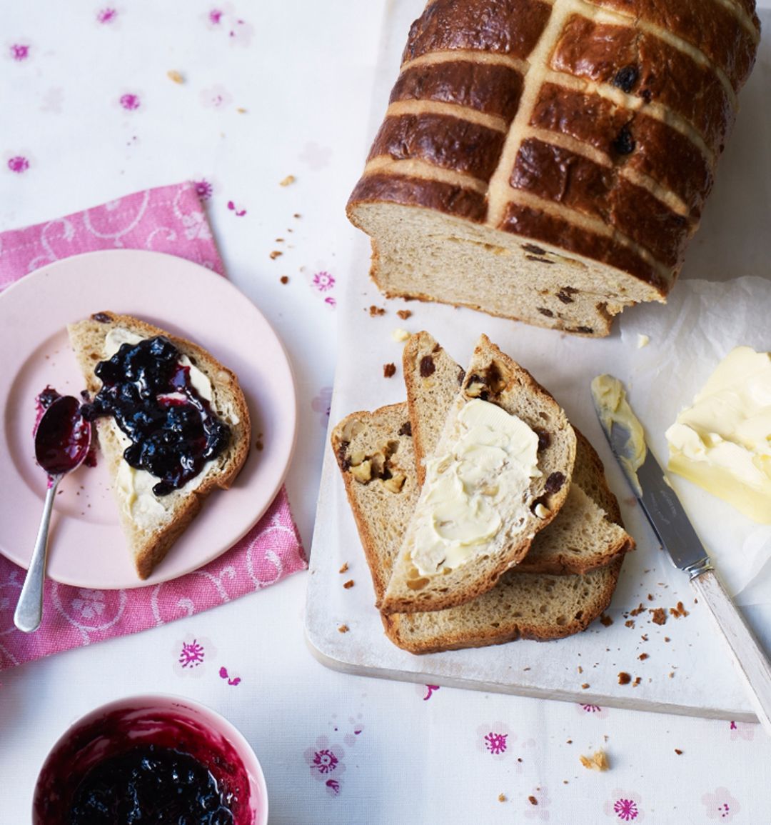 Sticky hot cross brioche loaf