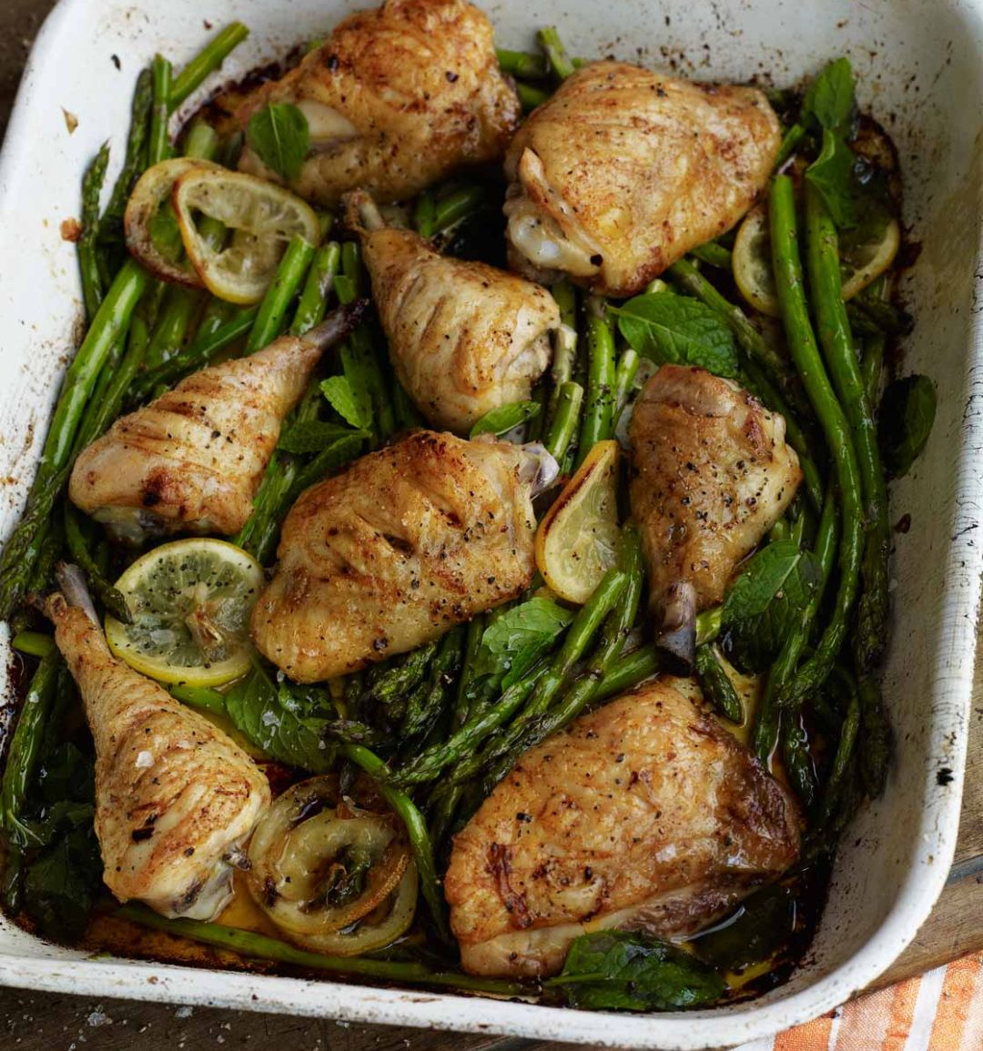 Fast roast chicken with asparagus