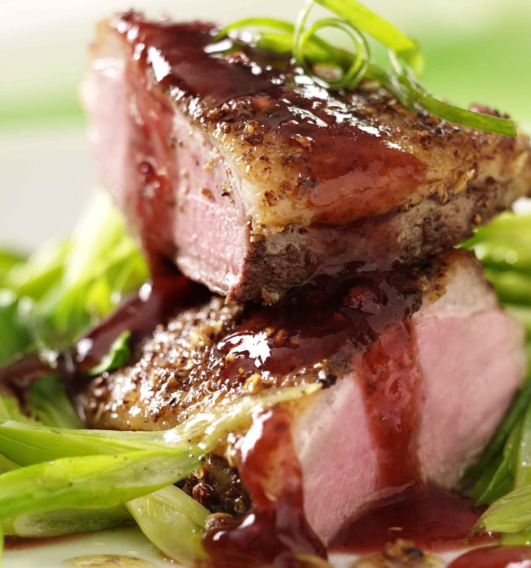 Crispy duck breast with plum star anise sauce