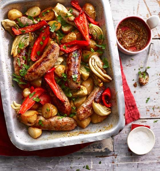Sausage, fennel and pepper traybake