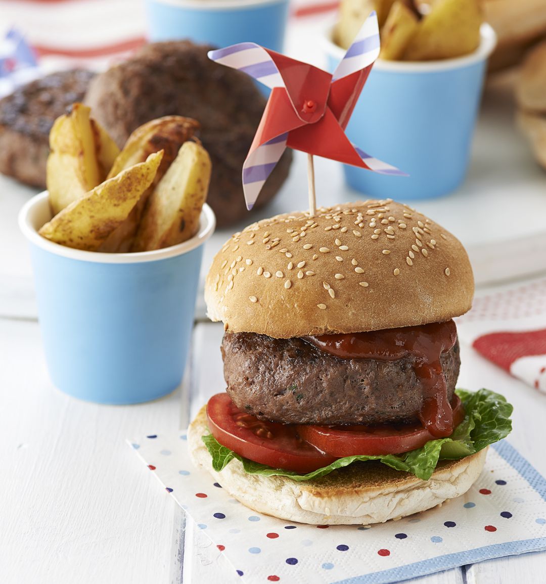 Caramelised red onion burgers and potato wedges