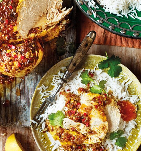 Pot-roasted curried chicken with garam masala, mango chutney and lemon
