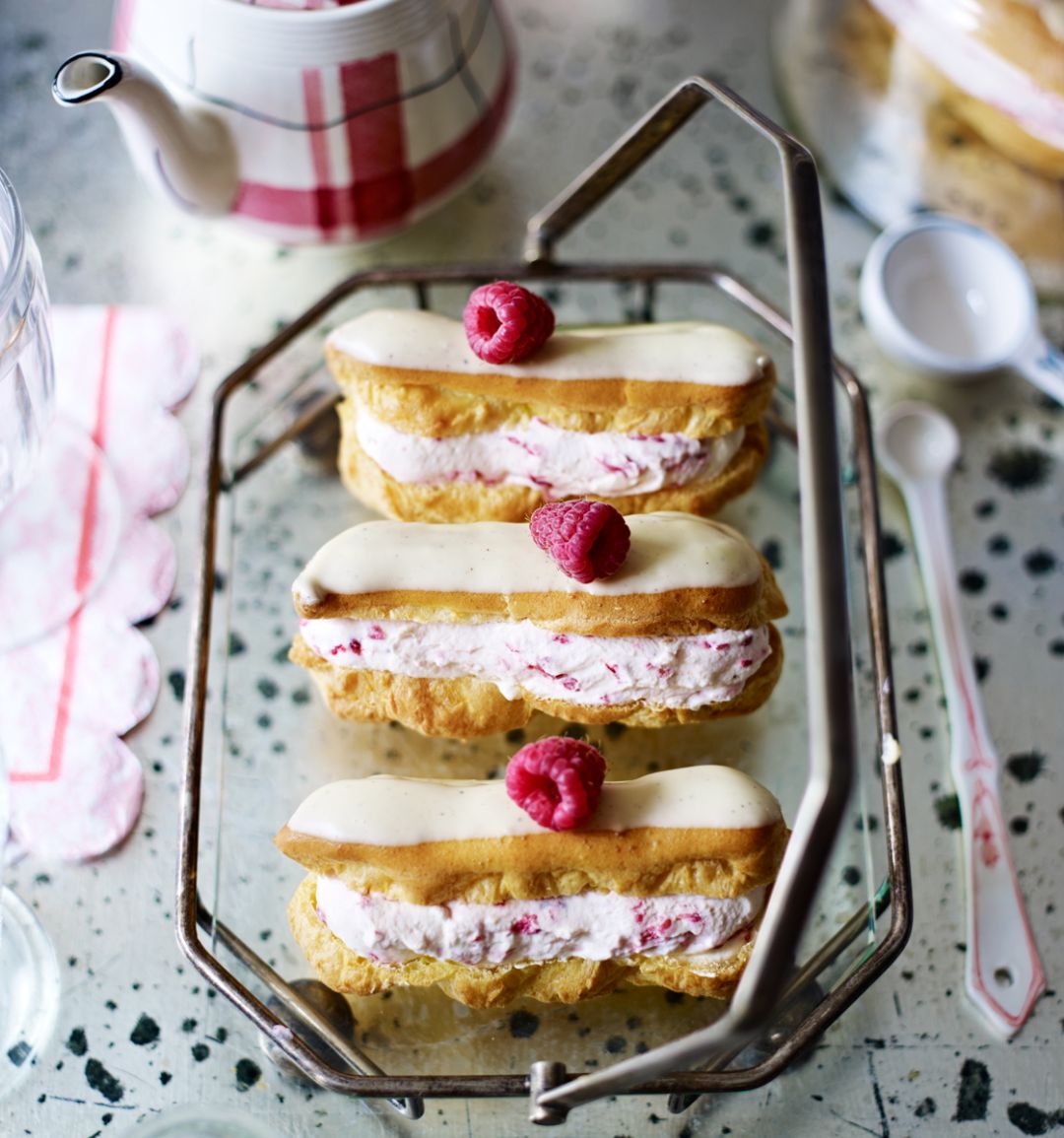 Chocolate Raspberry Eclair Raspberry white chocolate éclairs | Sainsbury`s Magazine