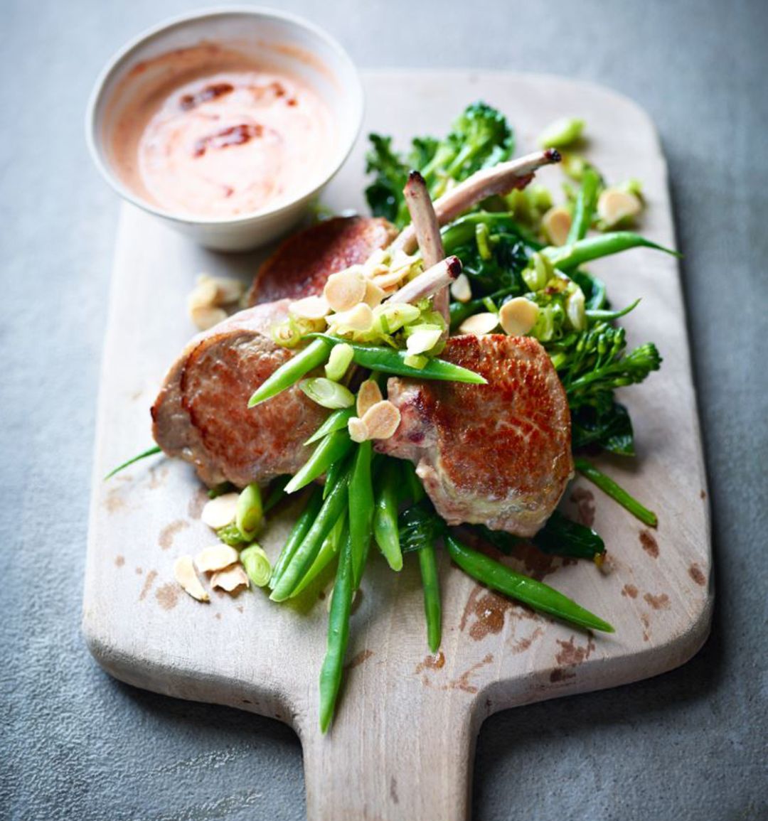 Lamb cutlets with harissa yogurt and 'midget trees'