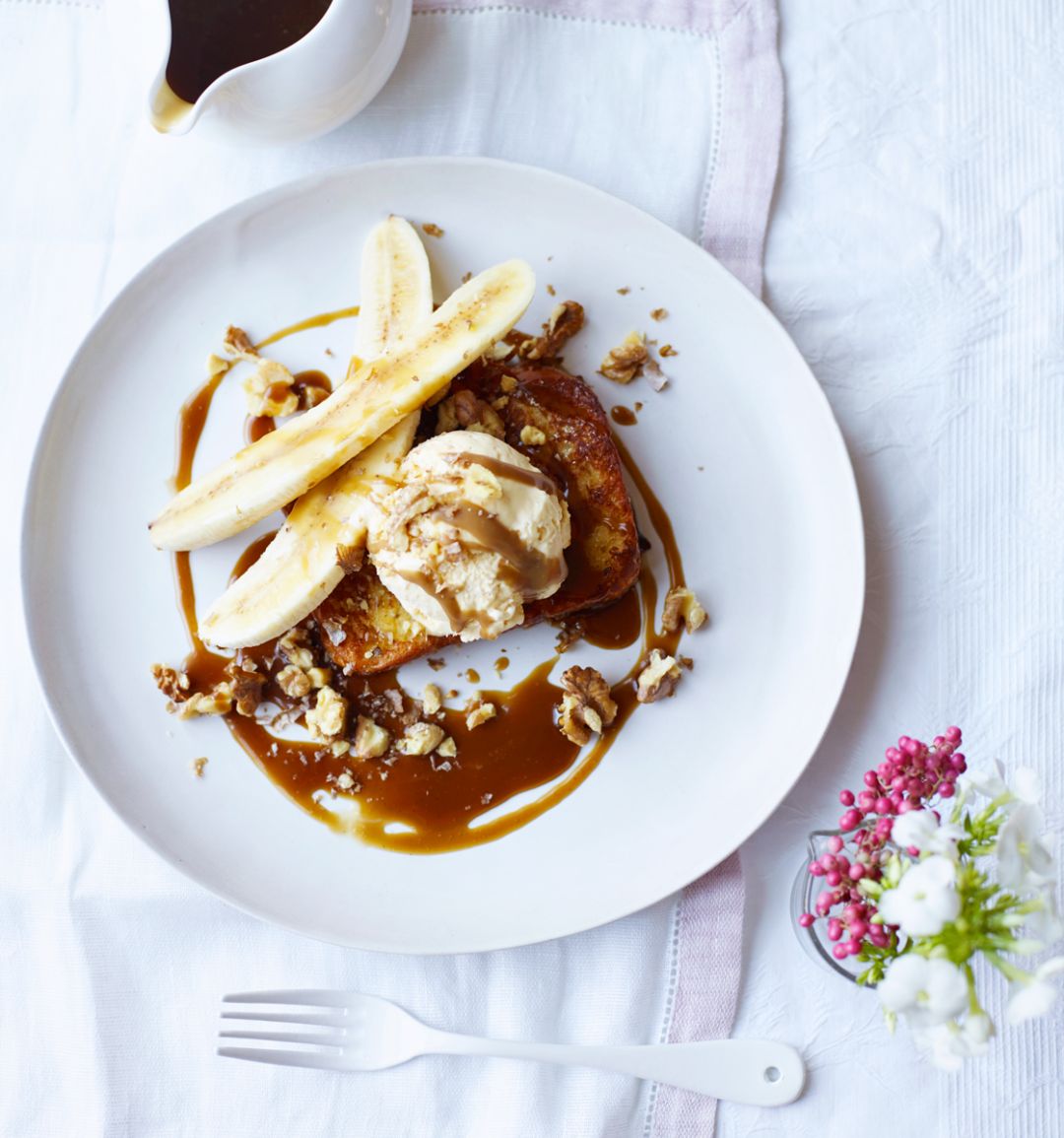 French toast with vanilla bean ice cream, toffee sauce and bananas