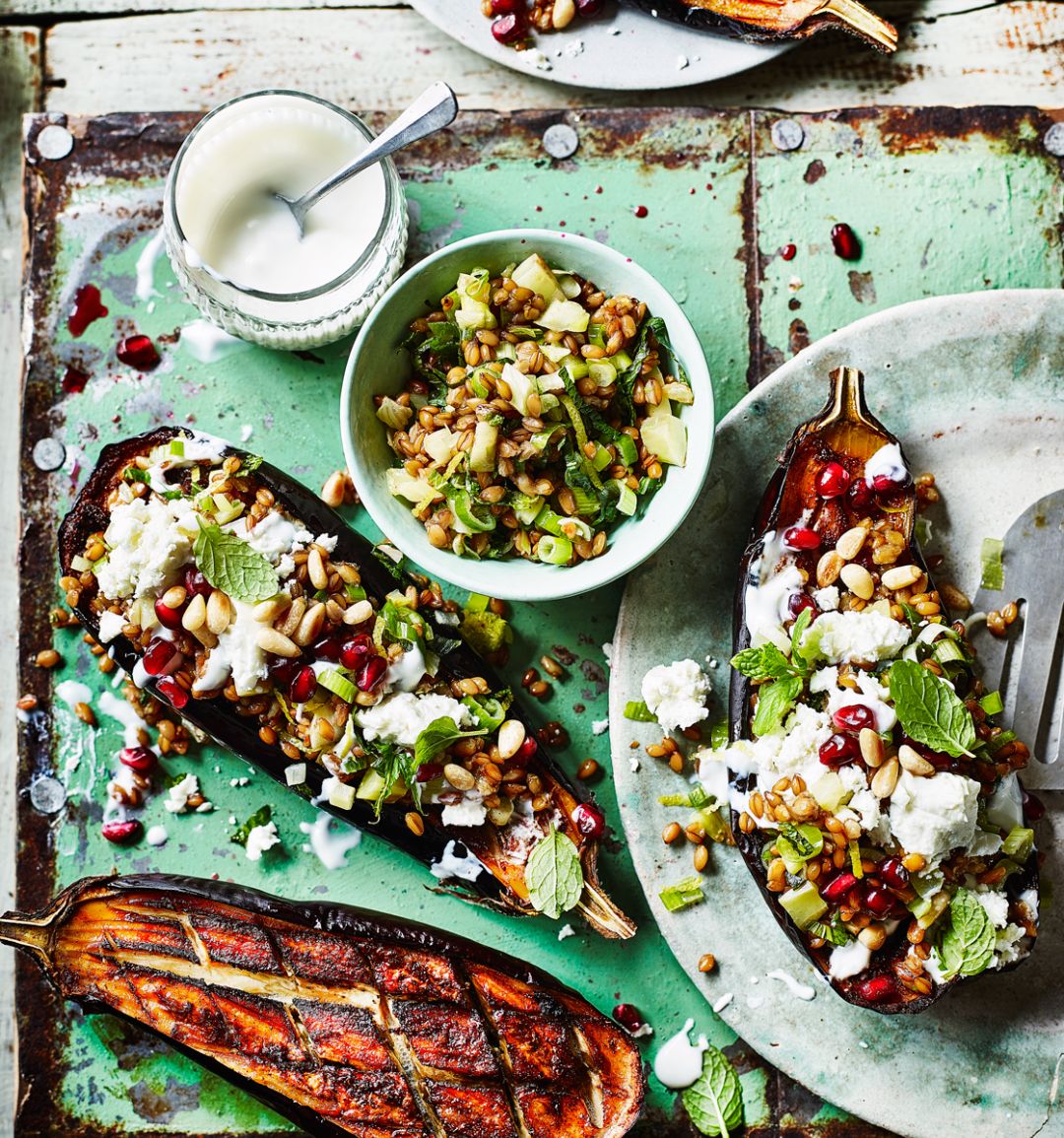 Baharat-spiced baked aubergines with feta, fennel and spelt