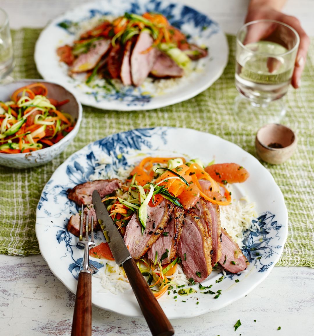 Pan-fried duck with soft herb and grapefruit slaw