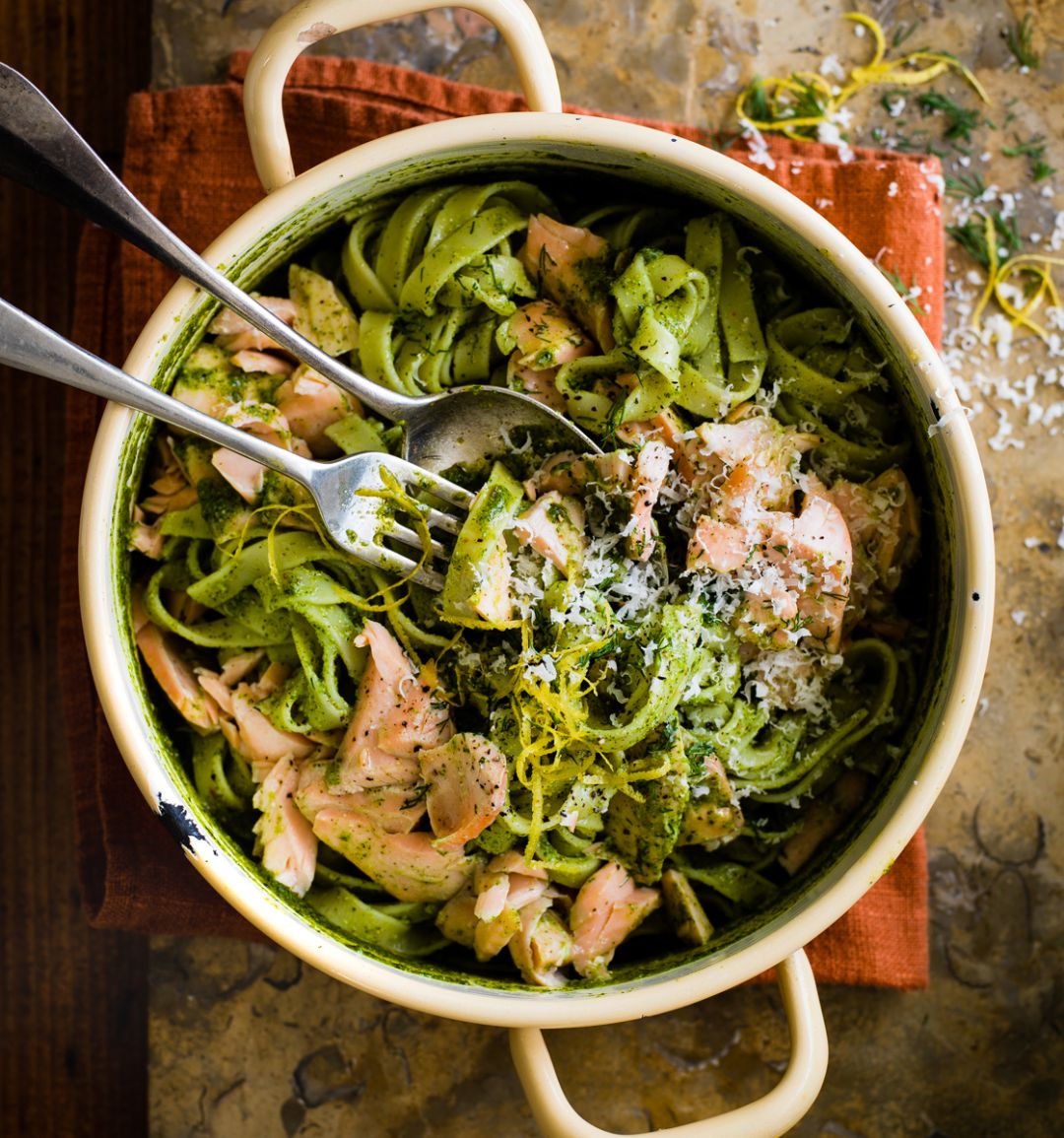 Salmon and watercress chilli pesto pasta