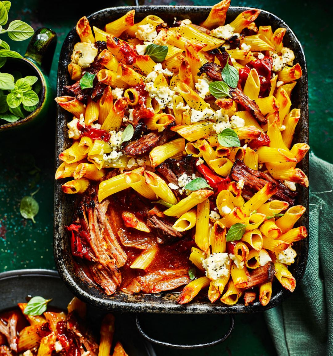 Higgledy-piggledy Greek beef pasta bake