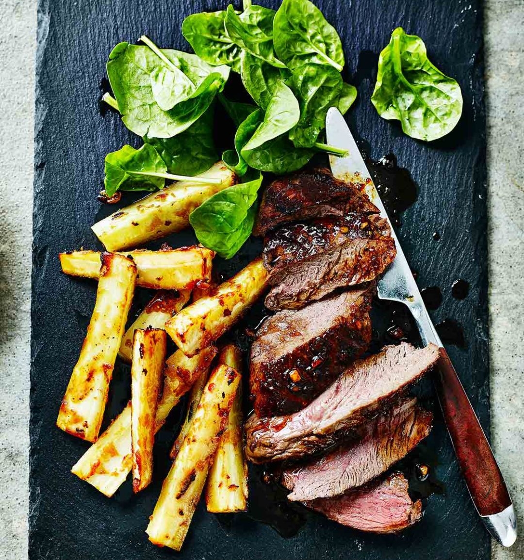 Venison steaks with miso parsnip fries