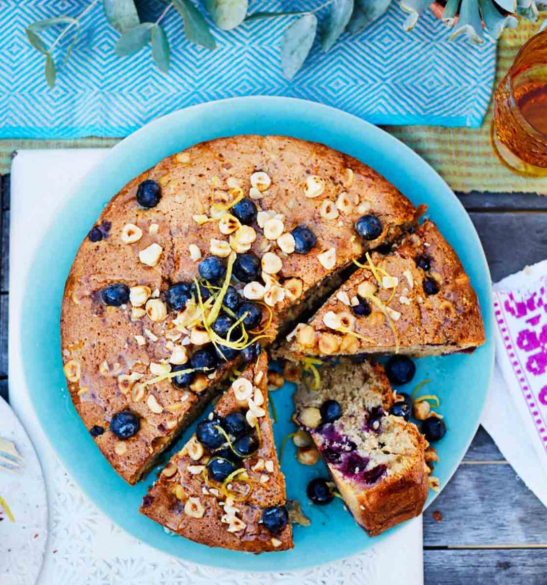 Pear, blueberry and hazelnut cake