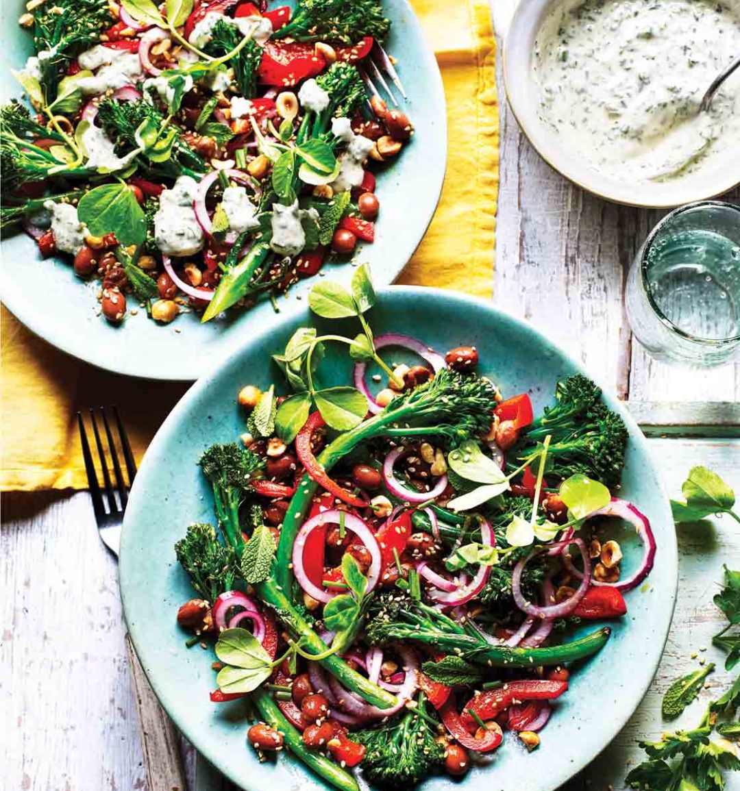 Charred broccoli, borlotti bean and hazelnut salad
