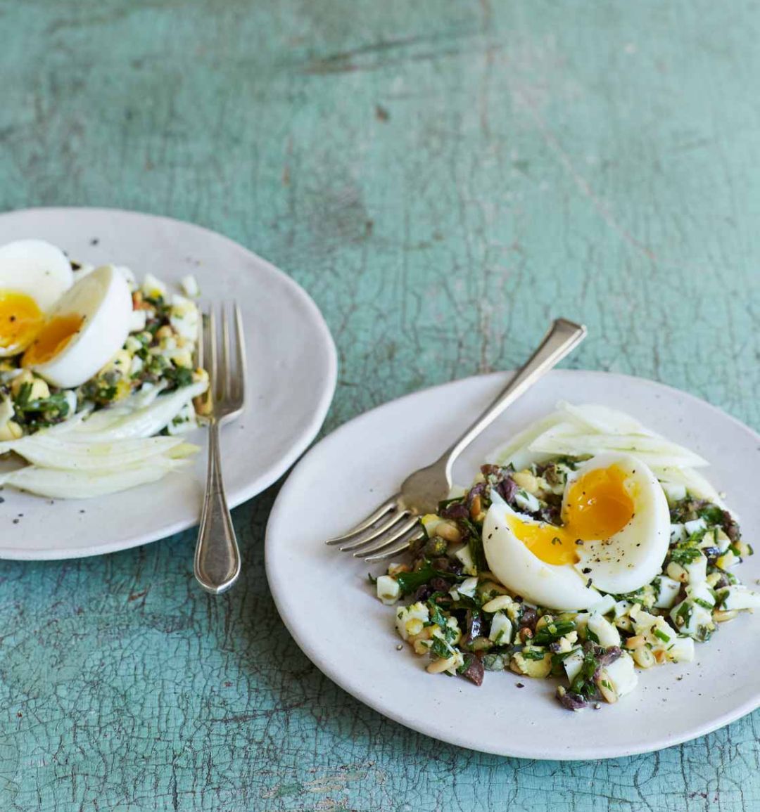 Egg salad with anchovies and pine nuts