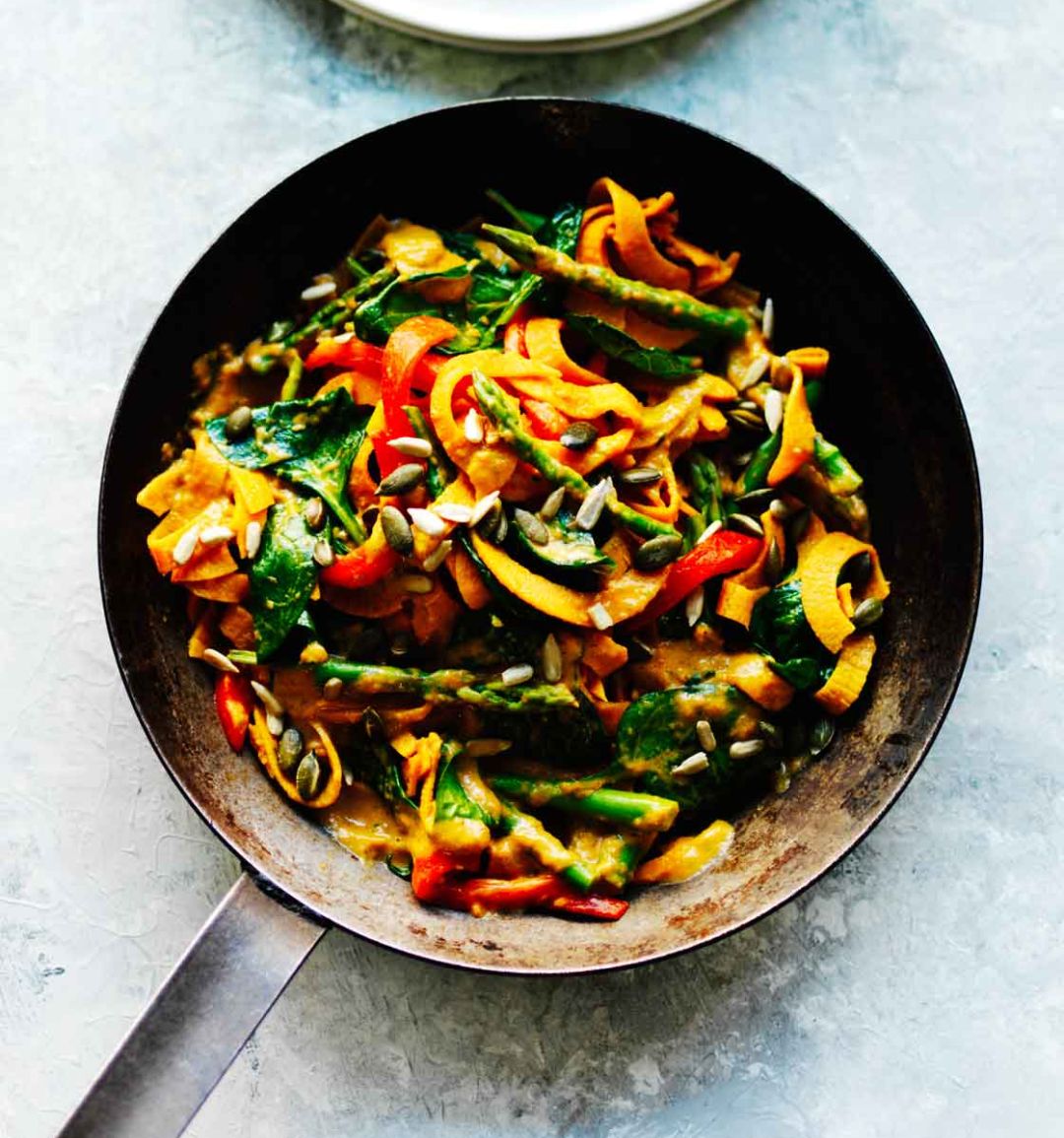 Sweet potato tagliatelle with roasted red pepper cream sauce