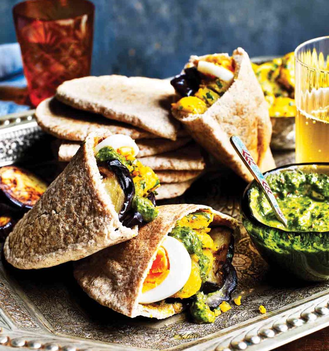 Aubergine, spiced potato and zhoug pitta