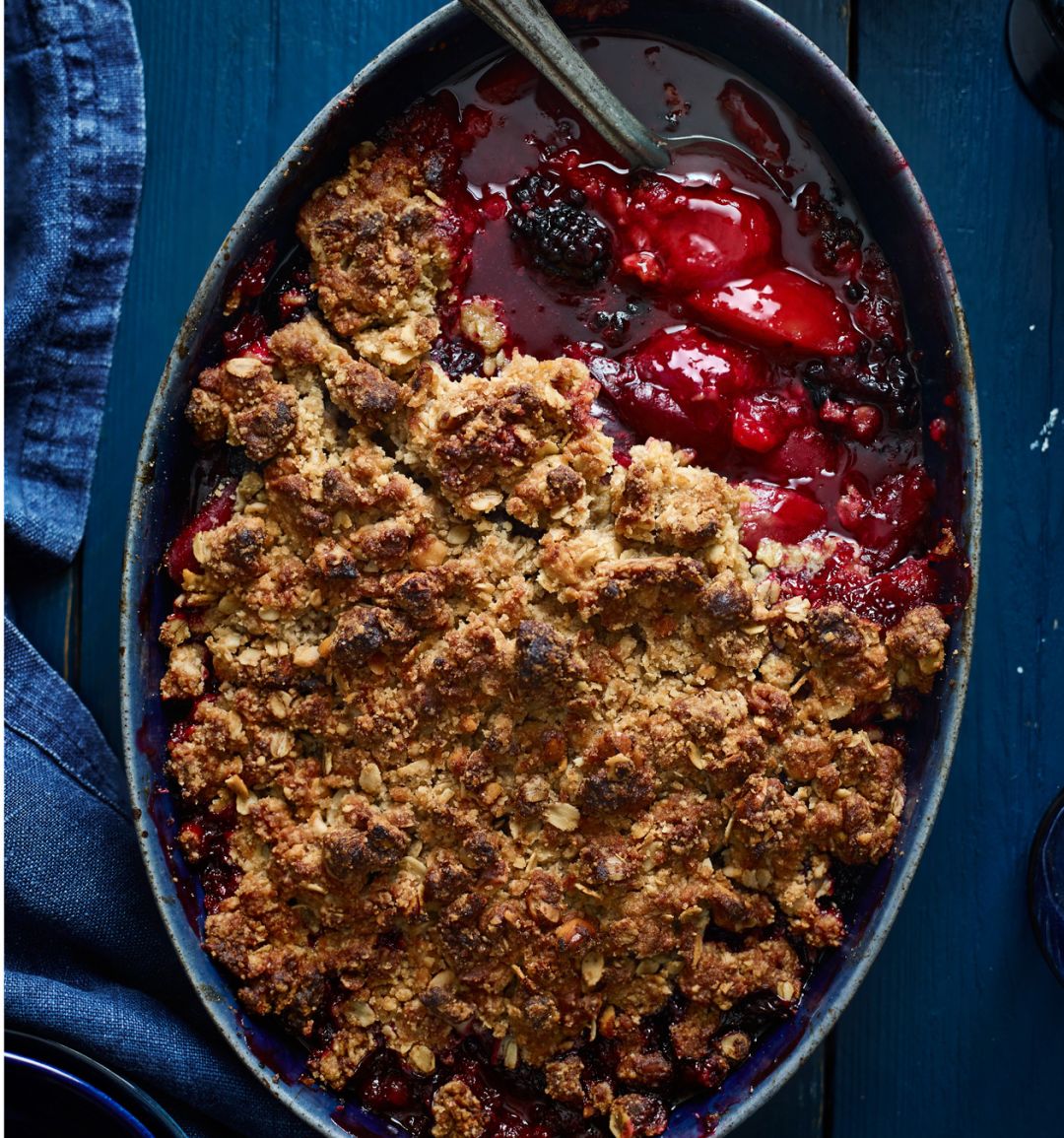 Plum and blackberry crumble   