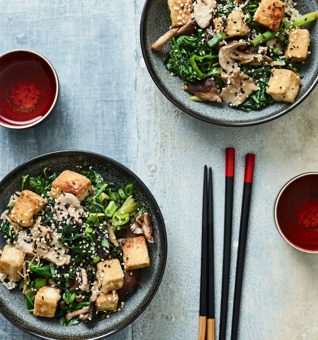 Crispy tofu with miso veg
