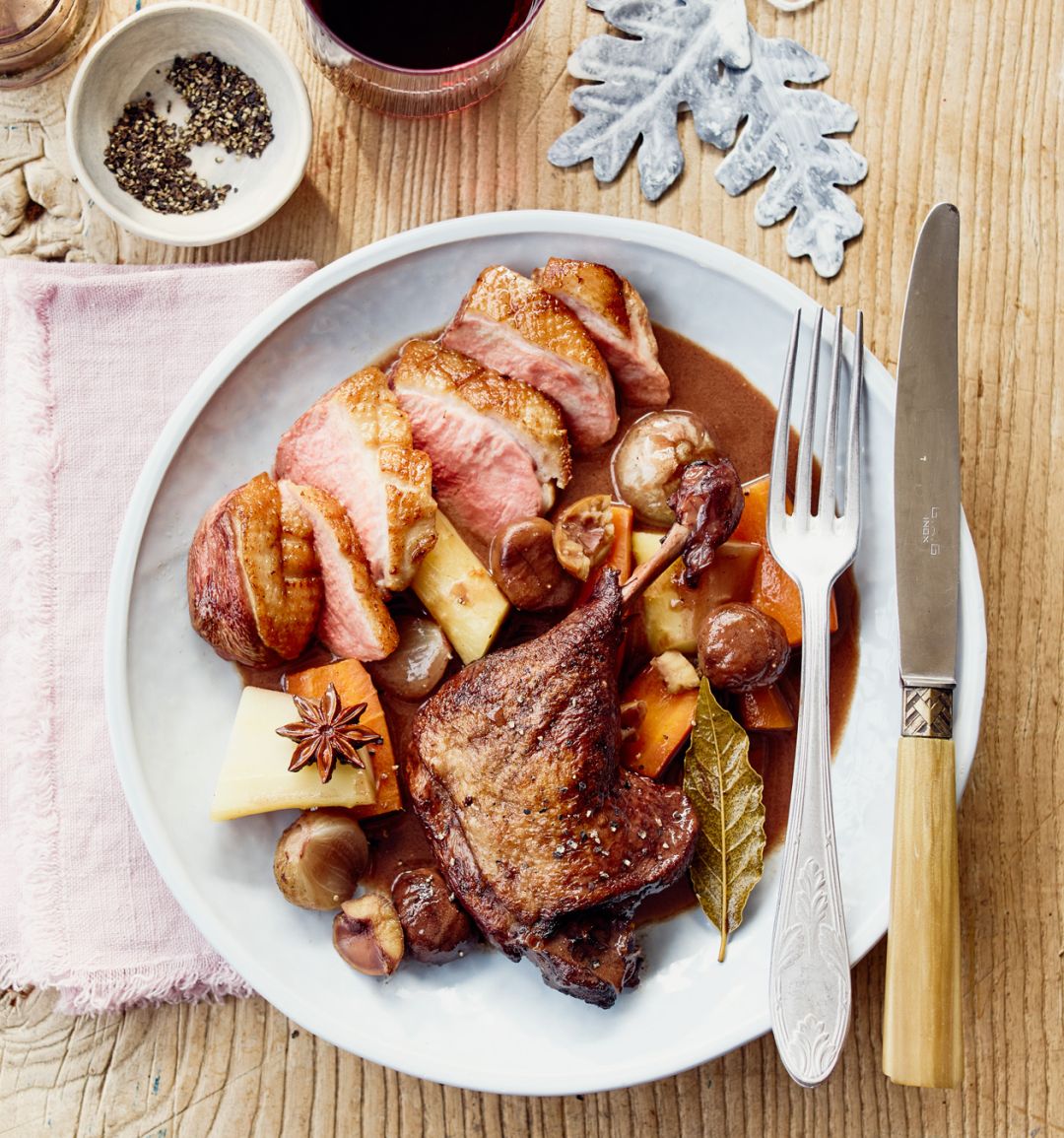 Mulled wine pot-roast duck