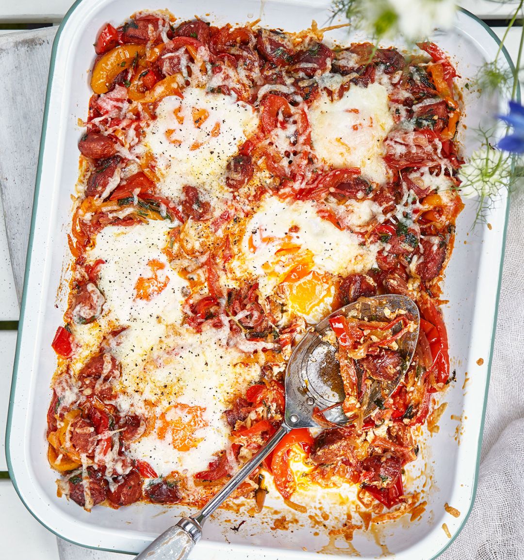 Chorizo baked eggs with peperonata