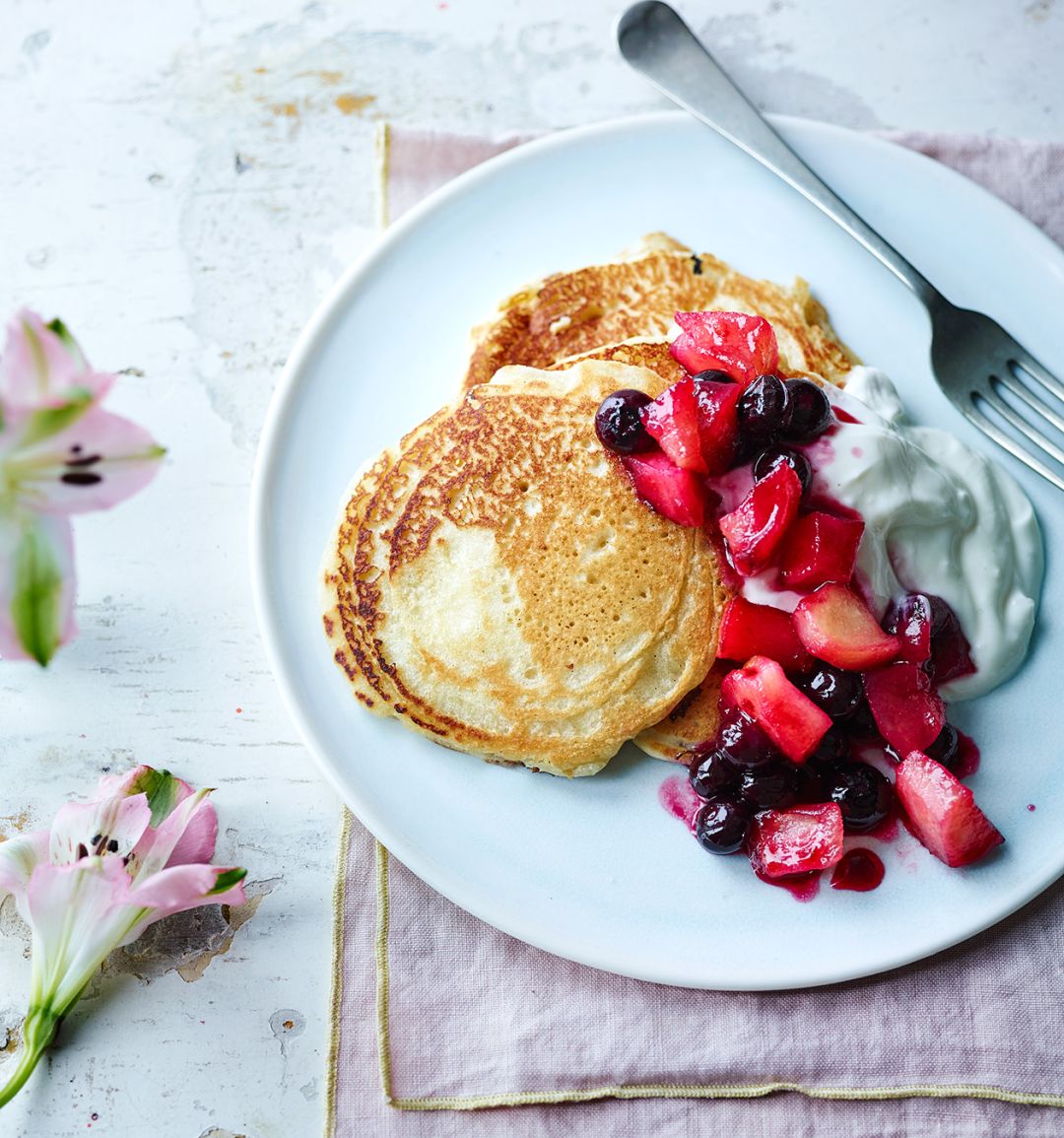 Coconut drop scones with blueberry and apple compote