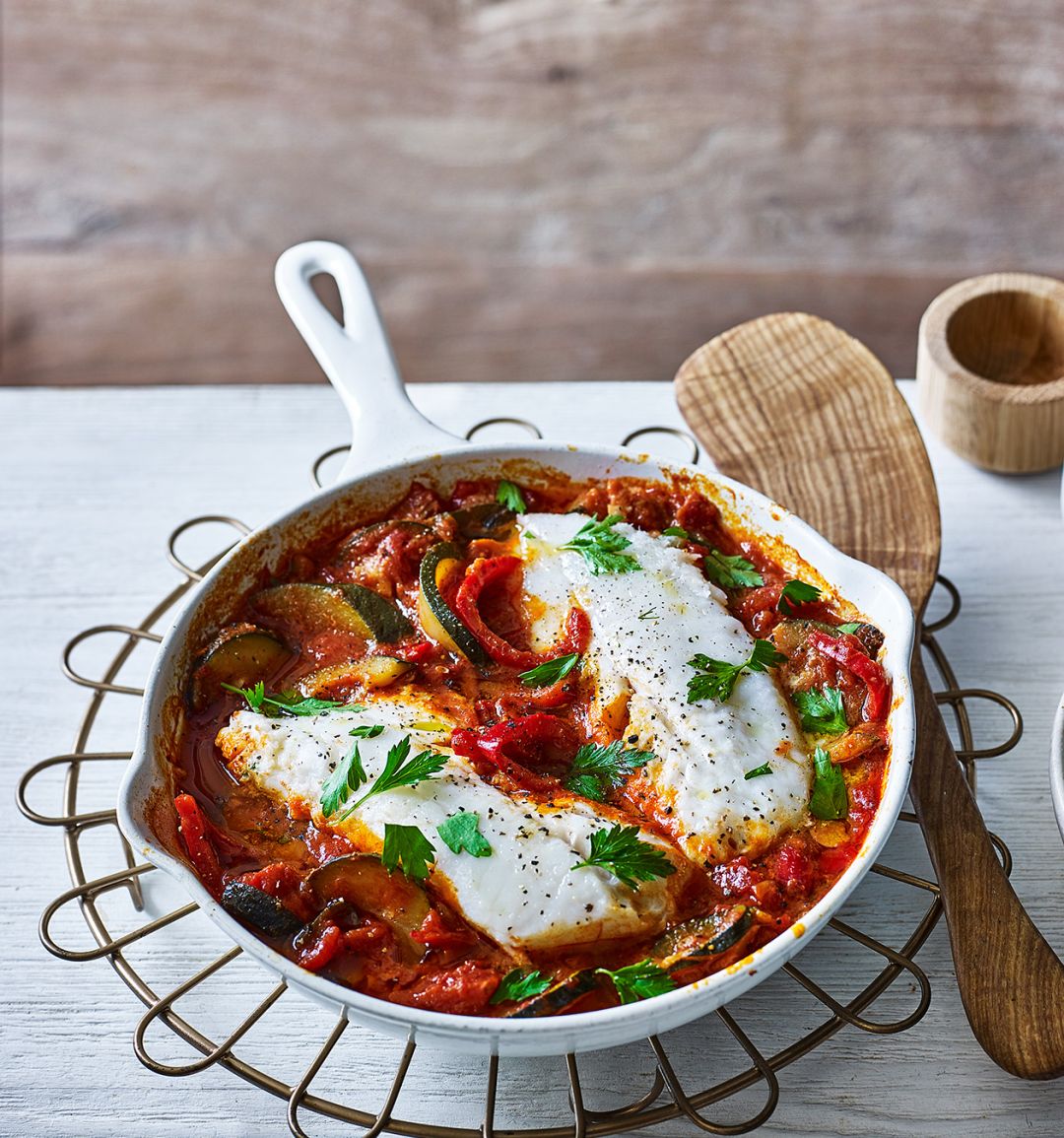 Spanish cod with sweet and smoky veg