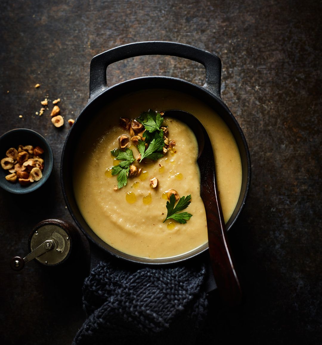 Roasted celeriac soup with hazelnut crumbs