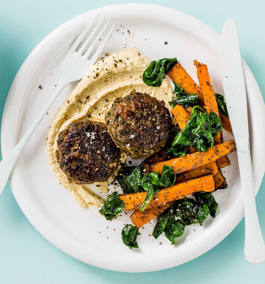 Spiced lamb patties with honey-roast butternut chips 