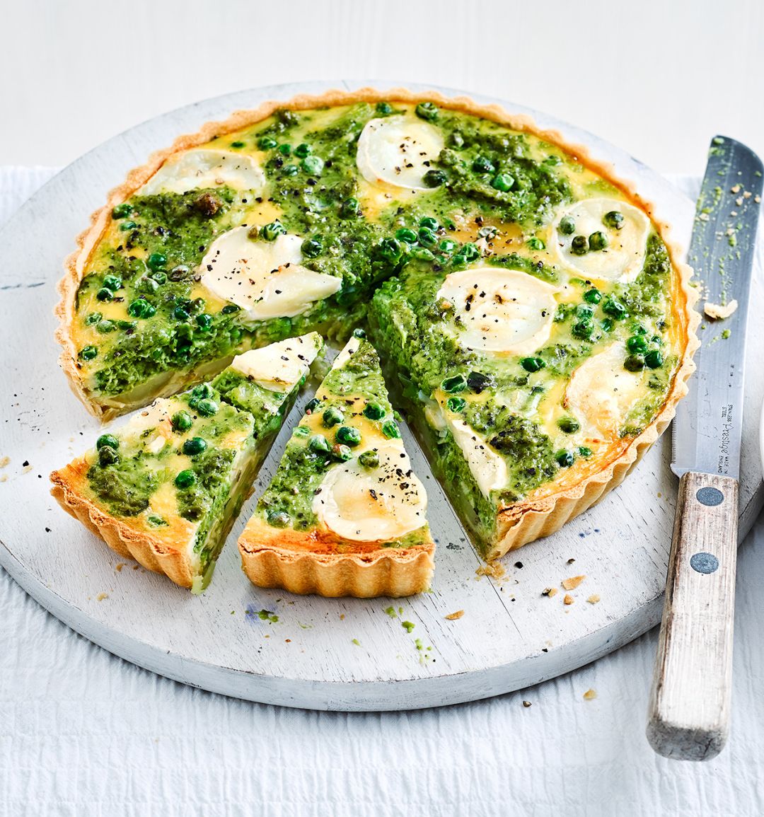 Goats’ cheese and pea pesto tart