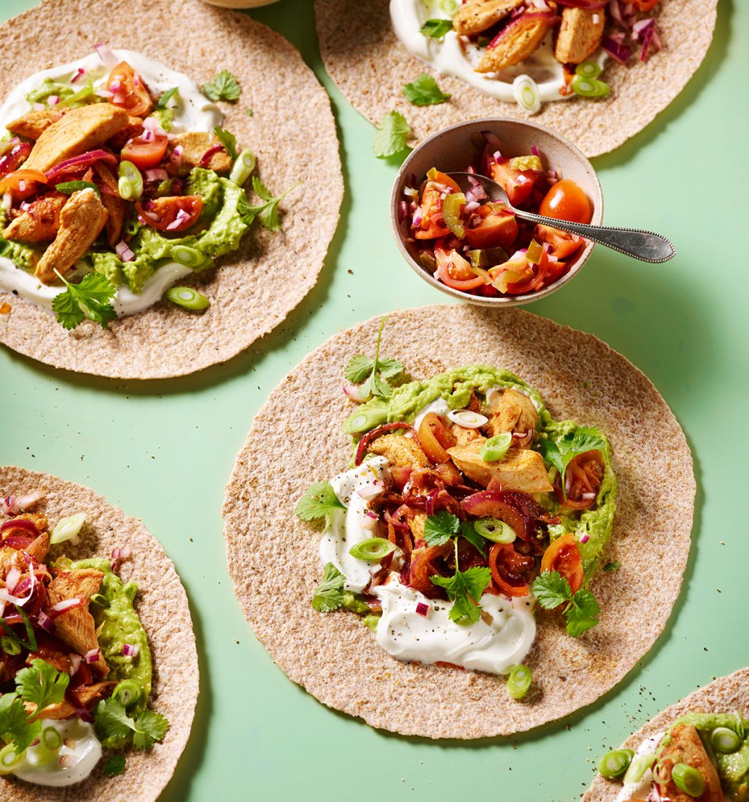 Chicken fajitas with jalapeno salsa and avocado