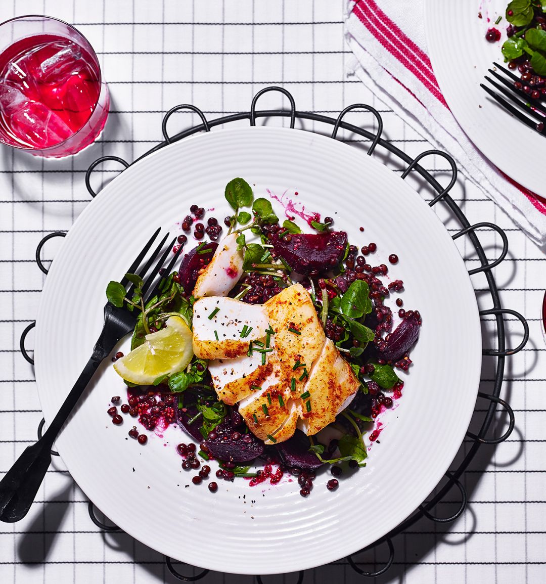 Cod loin with beetroot and lentil salad