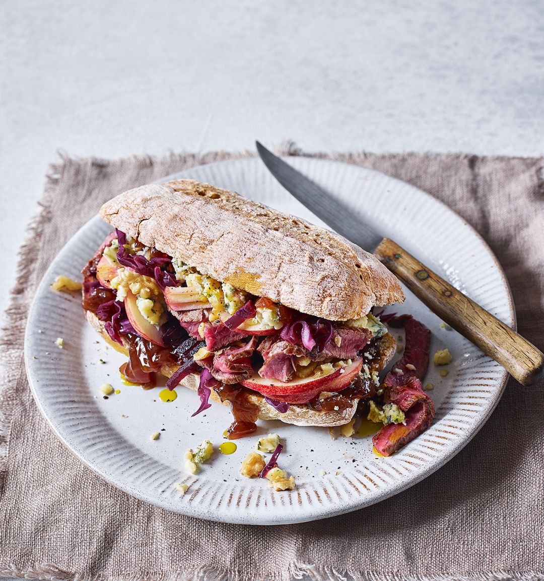 Steak and blue cheese ciabatta with beetroot slaw