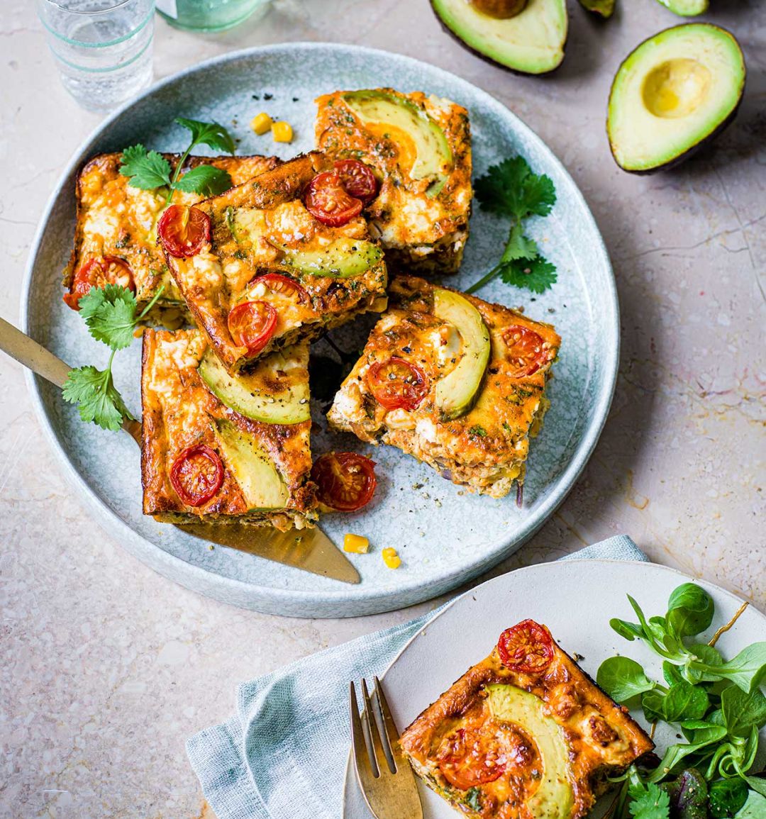 Baked avocado, corn and feta frittata