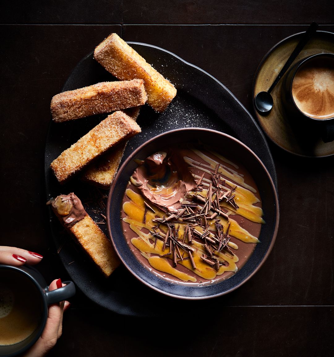 Chocolate salted caramel dessert with French toast dippers 