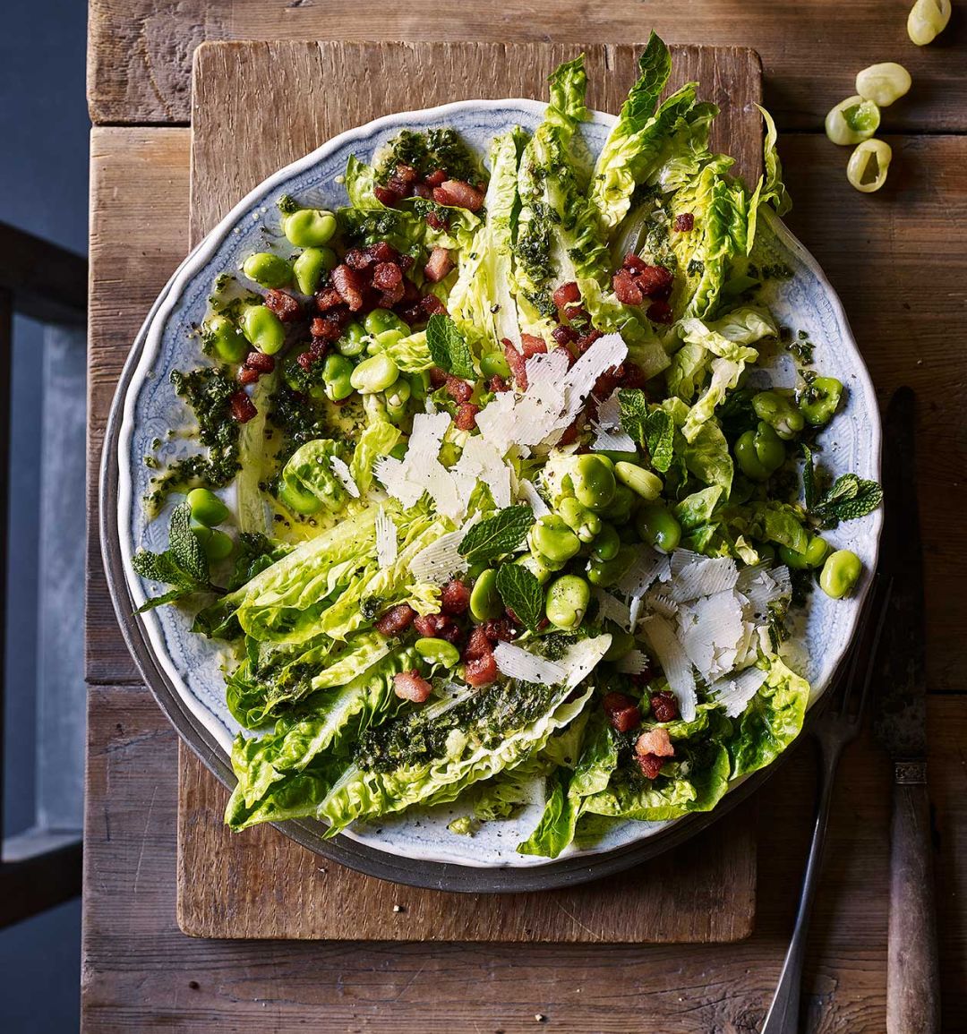 Broad bean, pancetta and mint salad
