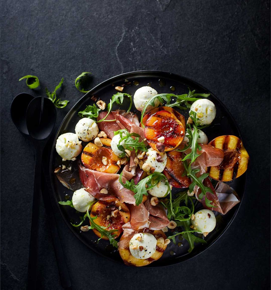 Goats’ cheese, nectarine and prosciutto salad