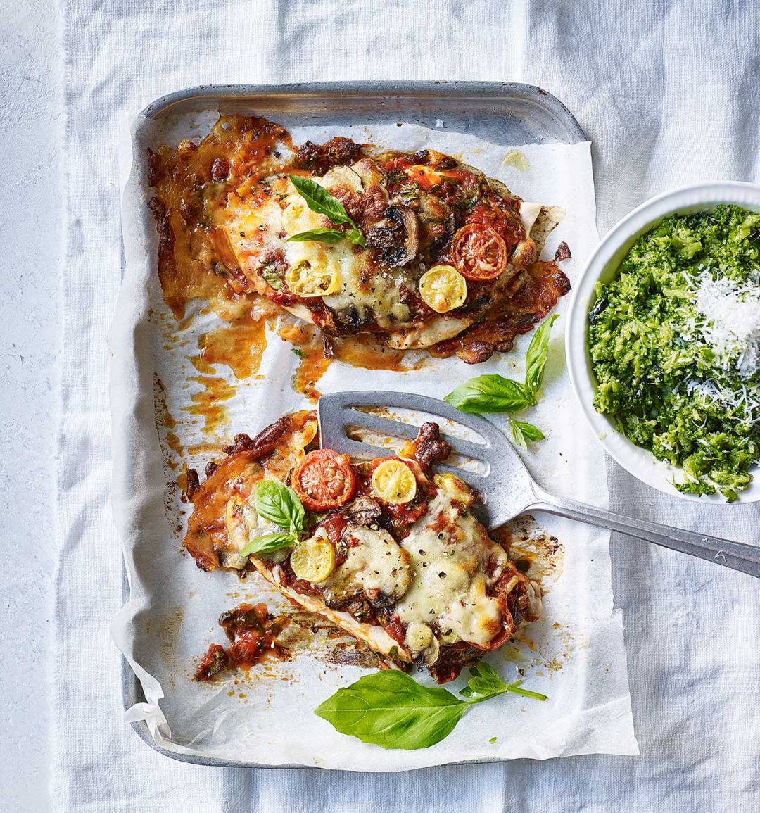 Pizza-topped chicken with broccoli smash