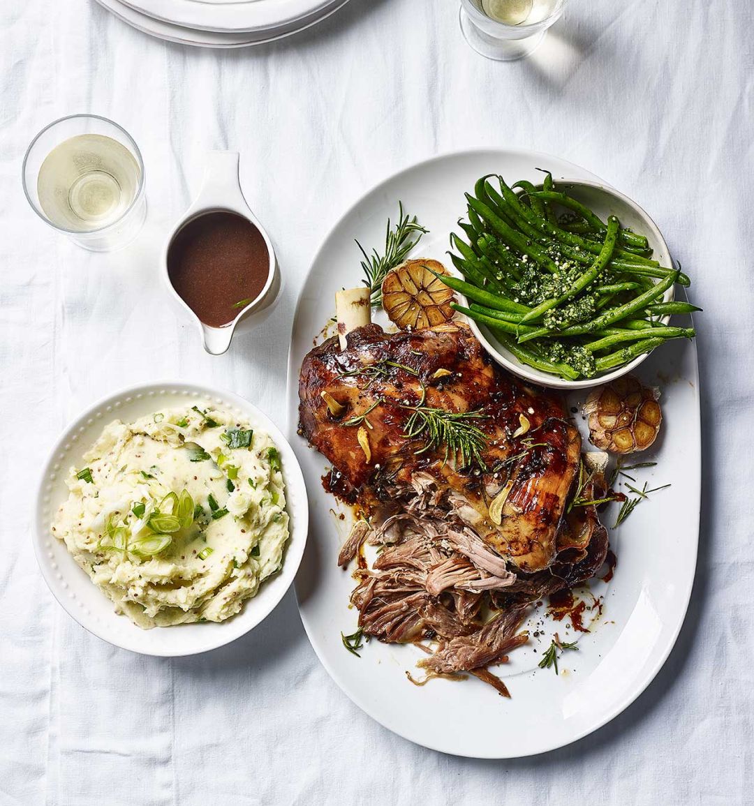 Slow-roasted lamb with spring onion mash and pistou 