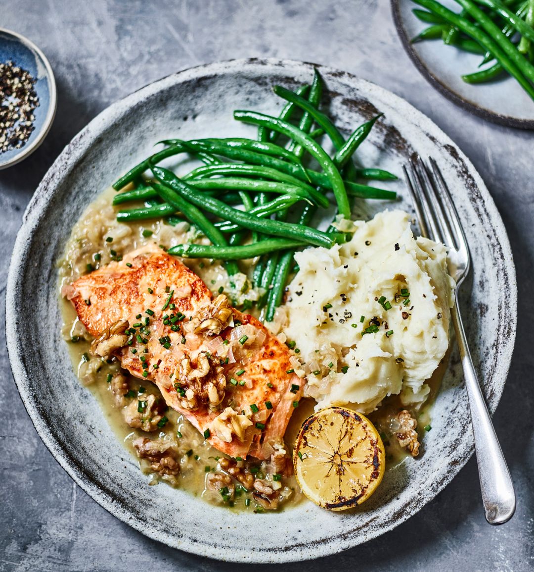 Salmon with ginger, lemon & walnut sauce from California Walnuts