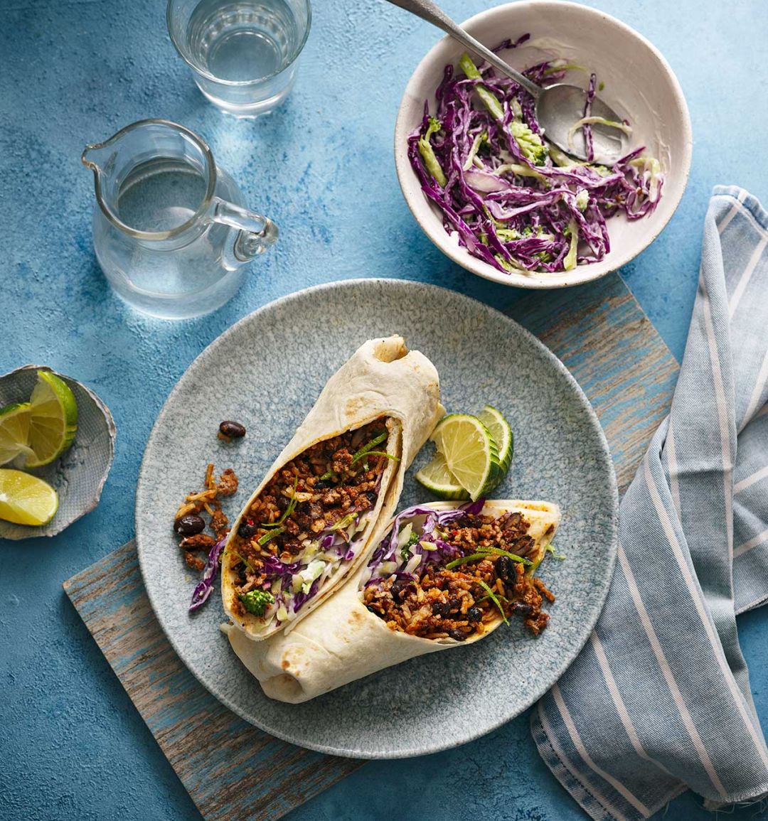 Chipotle beef burrito rolls with broccoli stalk slaw