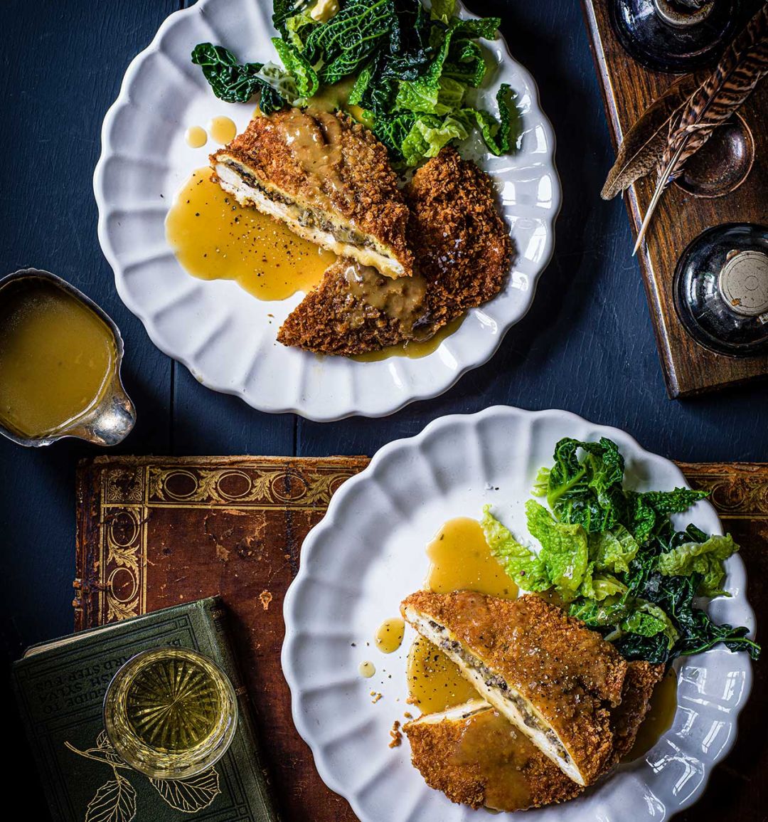 Crispy chicken and haggis escalopes with whisky and chicken butter sauce