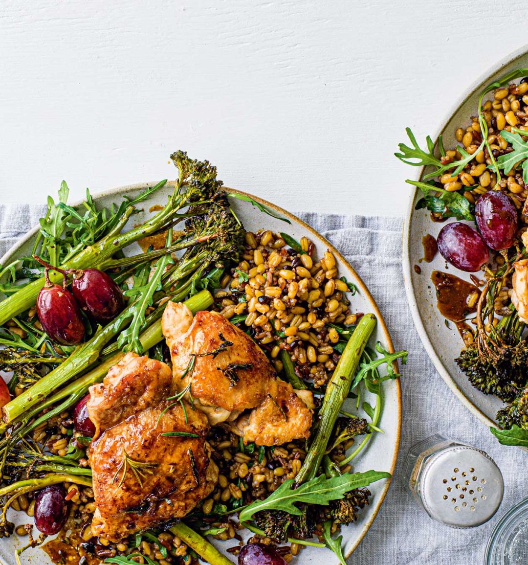 Roast chicken, grapes and grains bowl