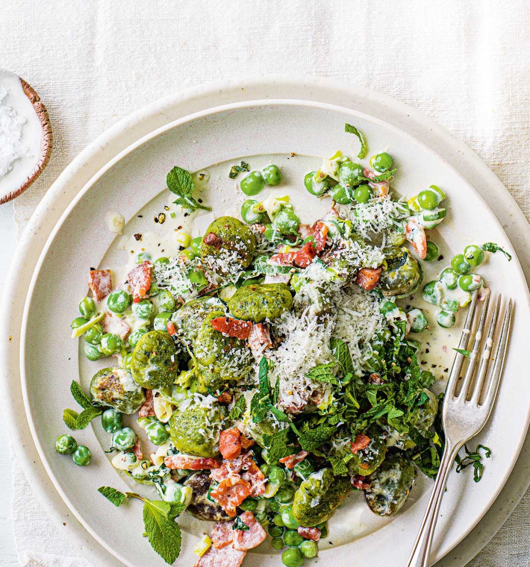 Minty pea and bacon gnocchi