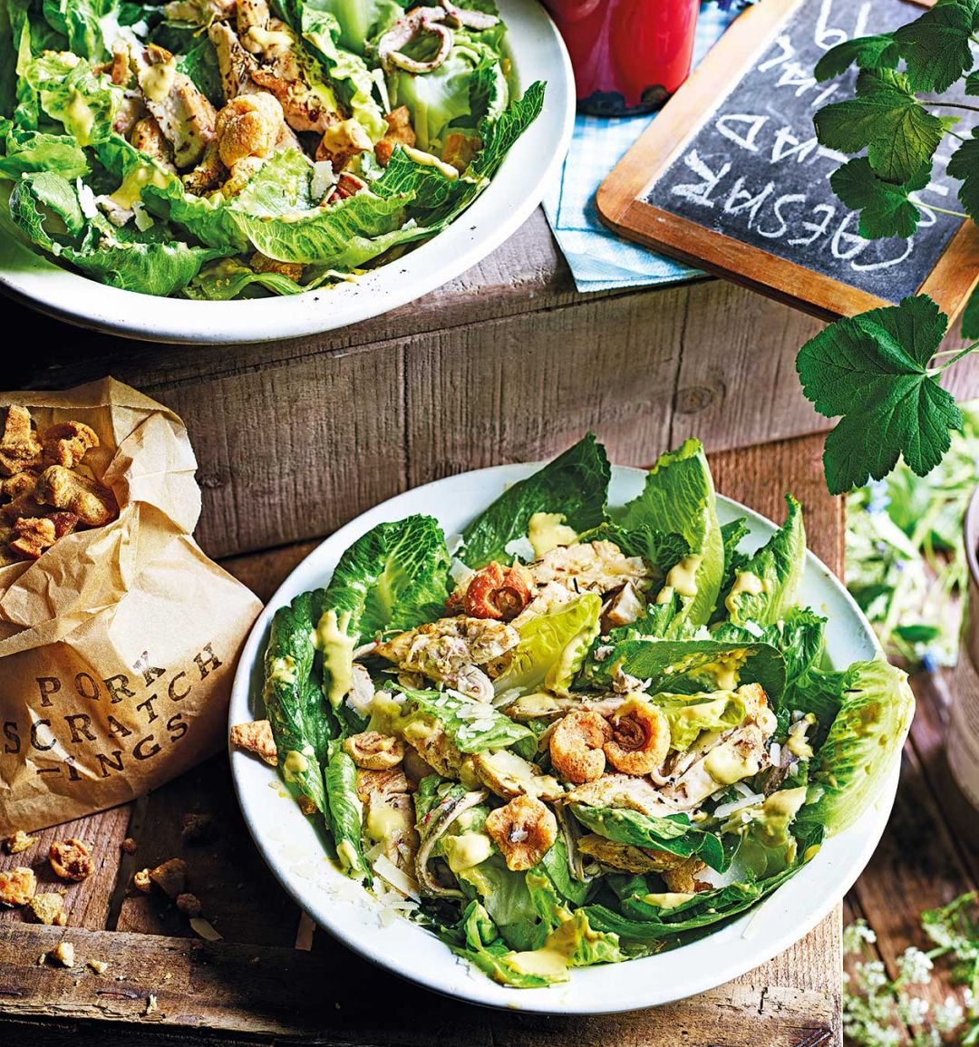 Chicken Caesar salad with pork scratching ‘croutons’