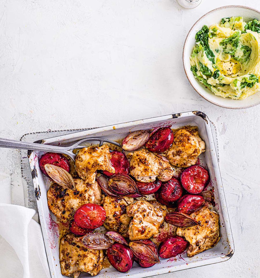 Sticky plum chicken traybake