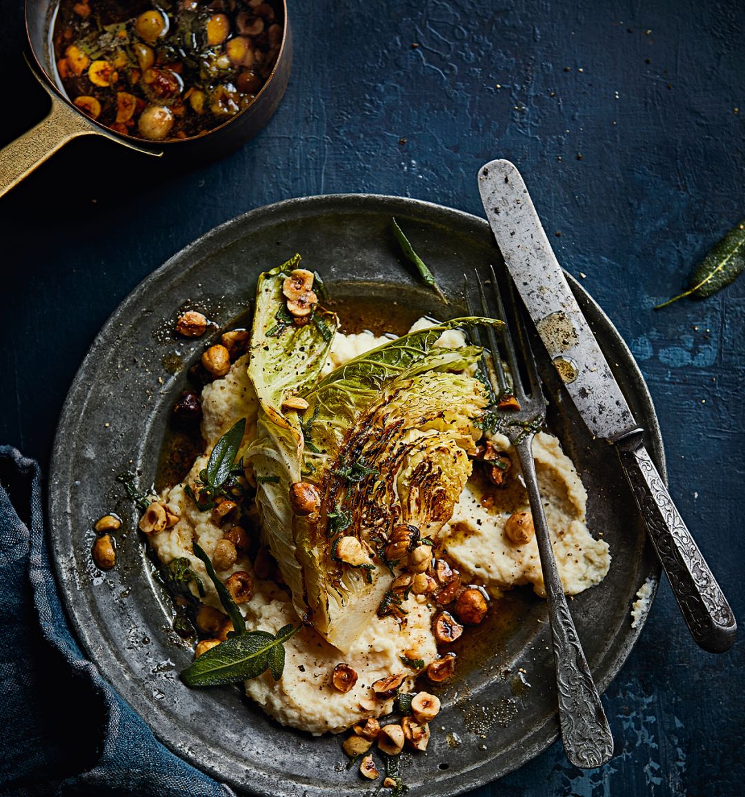 Savoy cabbage with celeriac purée and brown butter hazelnuts